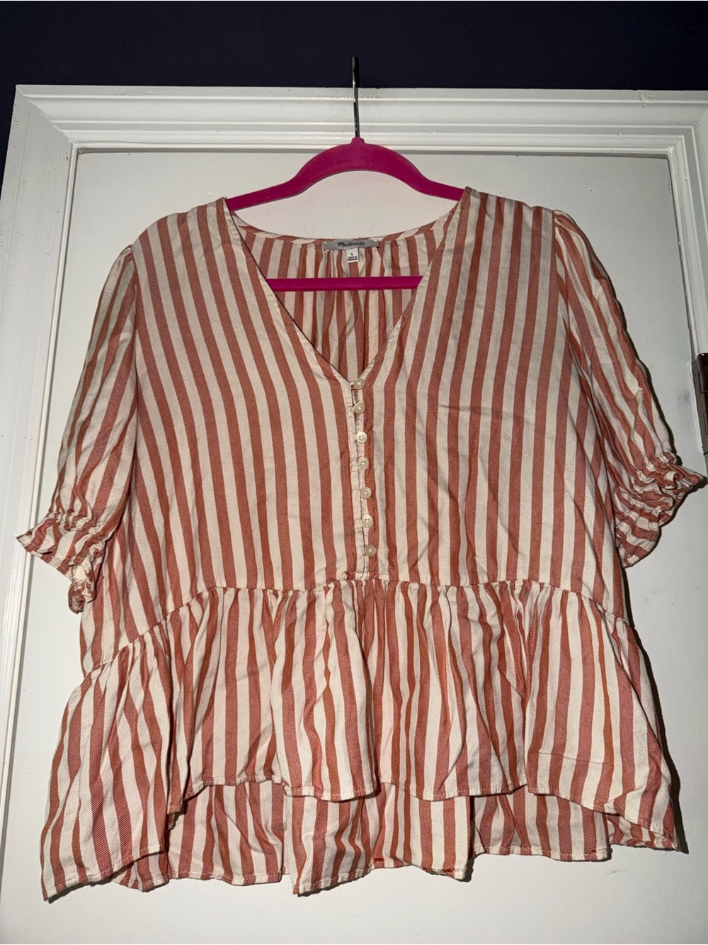 Madewell Rust and Cream Striped Ruffled Button-Up Blouse